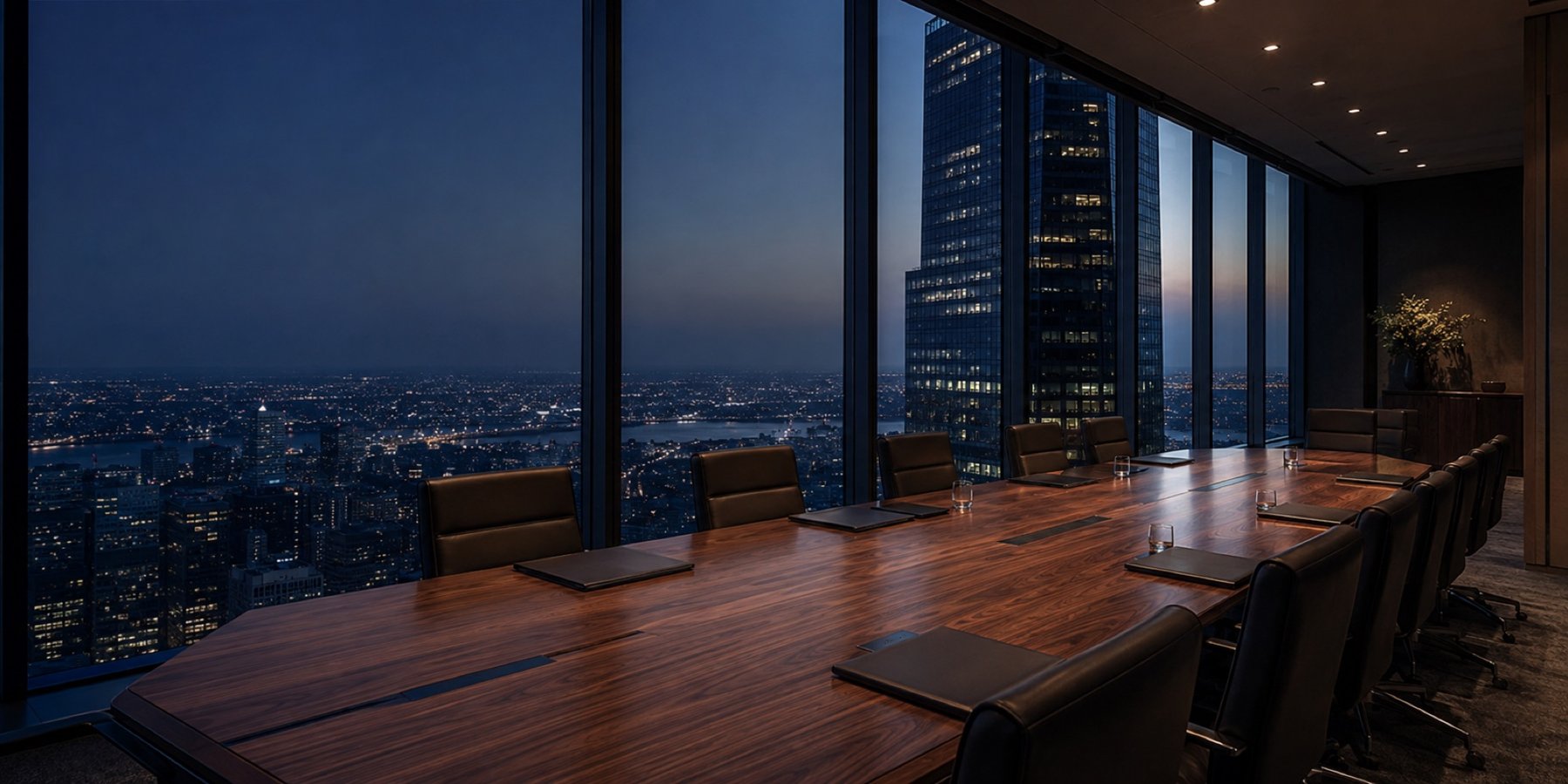 Boardroom overlooking the city at dusk