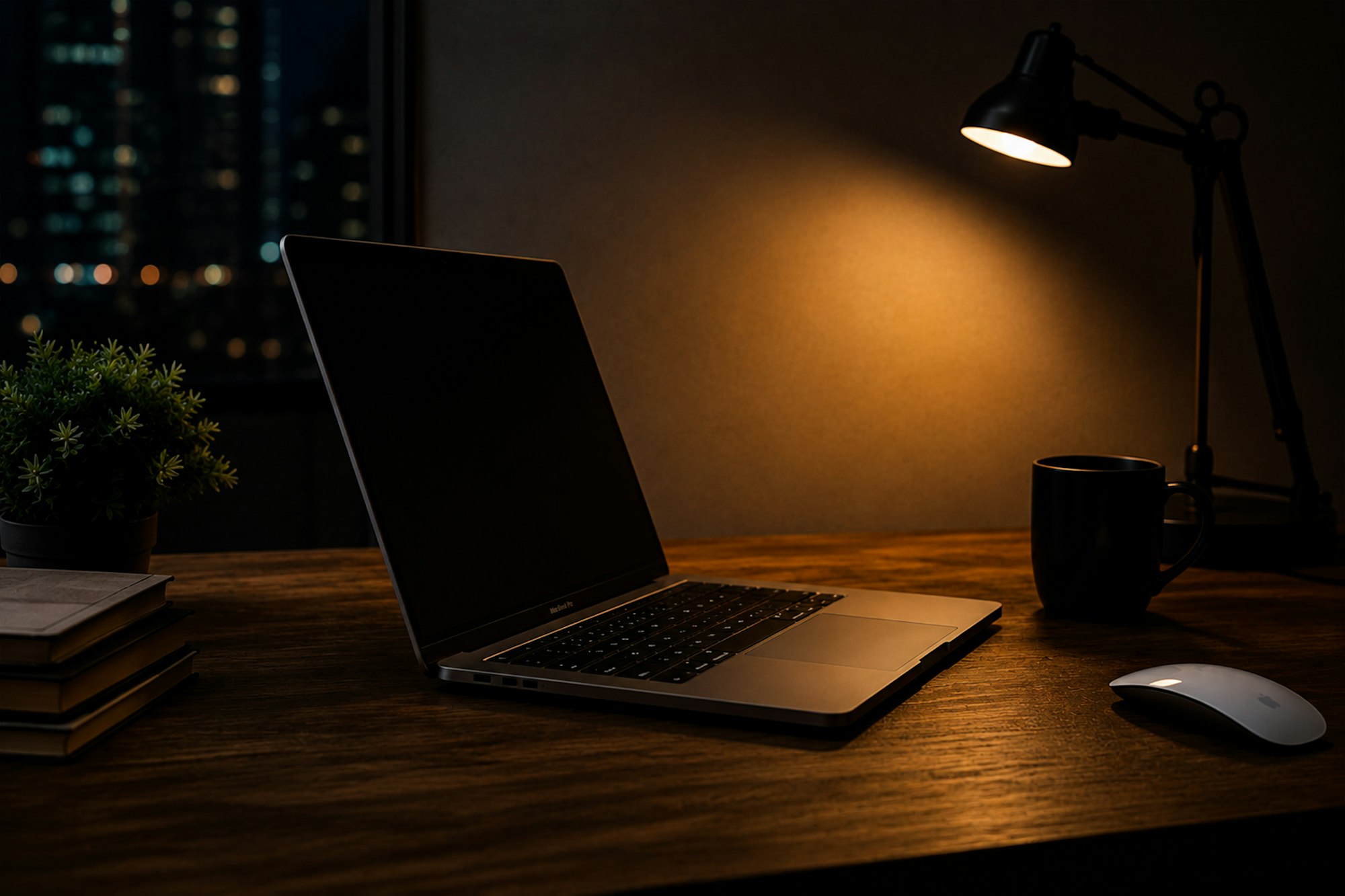 Warm-lit desk with laptop overlooking city lights at night