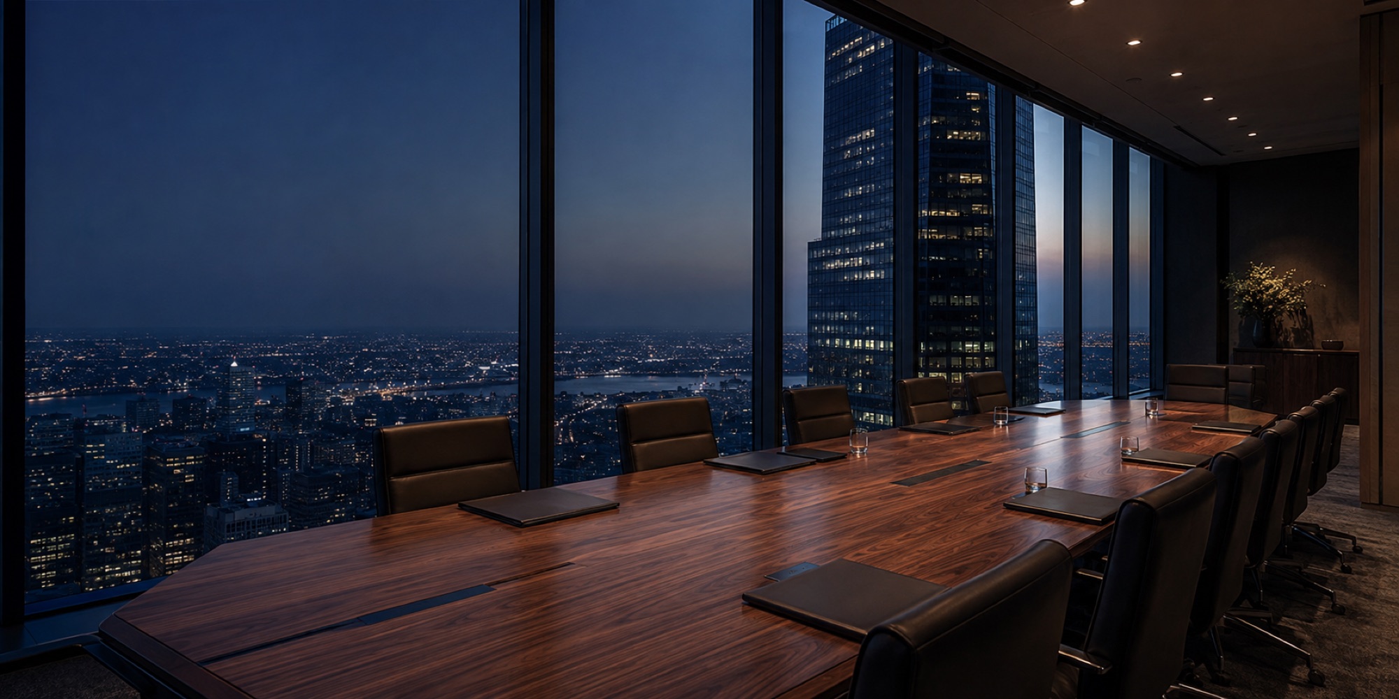Walnut boardroom table with leather chairs and floor-to-ceiling windows over a city at night