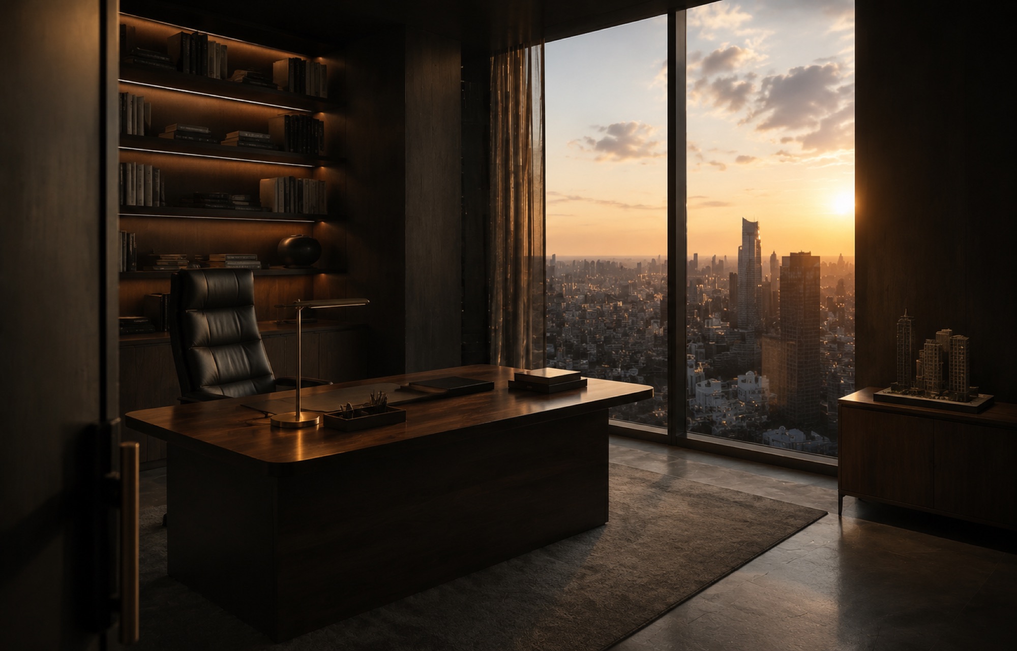 Executive office with leather chair and walnut desk overlooking a sunset city skyline